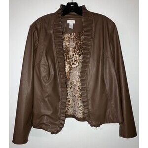 Chicos Faux Leather Jacket Size 1 Brown Ruffle Lined Long Sleeve Open Front